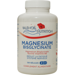MAGNESIUM BISGLYCINATE 320 mg, Taurine 100 mg,  Vit B6  1,5 mg pour 2 gélules:  120 gélules en pullulane