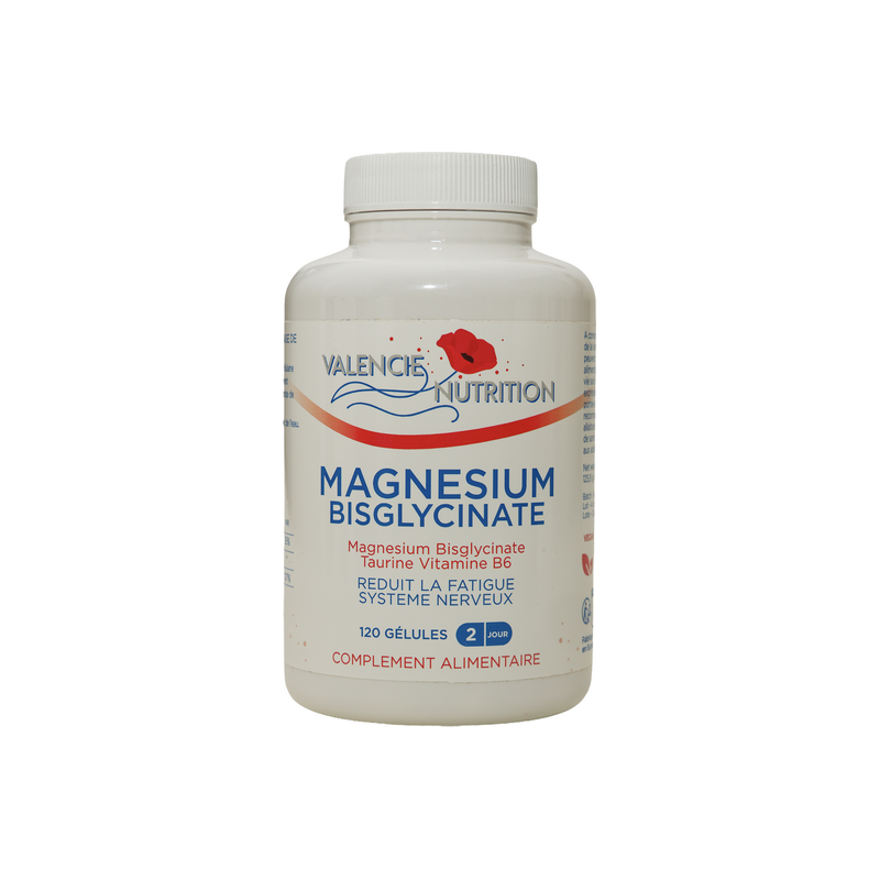MAGNESIUM BISGLYCINATE 320 mg, Taurine 100 mg,  Vit B6  1,5 mg pour 2 gélules:  120 gélules en pullulane